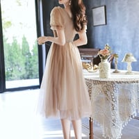 Brown Tulle Short Sleeve Party Dress - Thumbnail 4