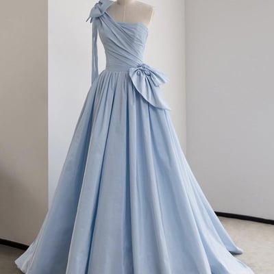 Blue satin one shoulder floor length prom dress - Thumbnail 1