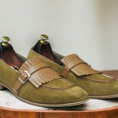 Handmade men's mustard suede shoes ,fringe buckle loafer shoes