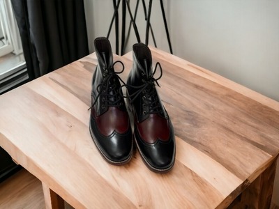 Ankle High Black Red Wing Tip Leather Boot, Men's Handmade Boot