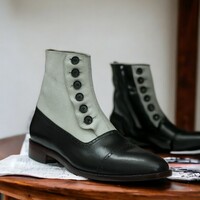Handmade Men's Black and White Leather and Suede Boot ,Ankle High Button Boot  - Thumbnail 1