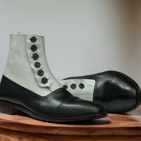 Handmade Men's Black and White Leather and Suede Boot ,Ankle High Button Boot  - Thumbnail 2
