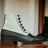 Handmade Men's Black and White Leather and Suede Boot ,Ankle High Button Boot  - Thumbnail 3