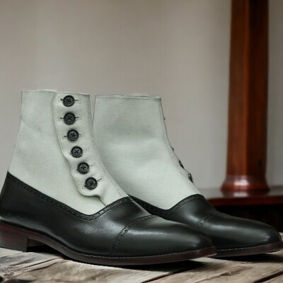 Handmade men's black and white leather and suede boot ,ankle high button boot 