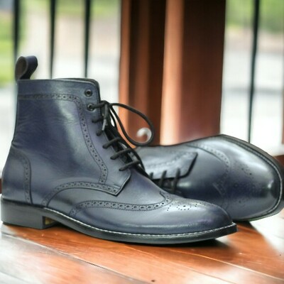 Handmade men's blue leather boot ,ankle high lace up boot ,brogue toe boot
