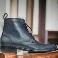 Handmade Men's Blue Leather Boot ,Ankle High Lace Up Boot ,Brogue Toe Boot - Thumbnail 1