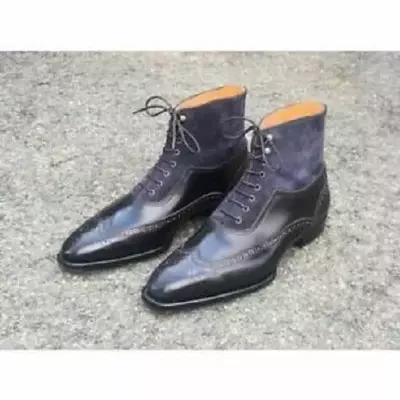 Handmade men's black gray wing tip ankle boots, men leather suede dress boots