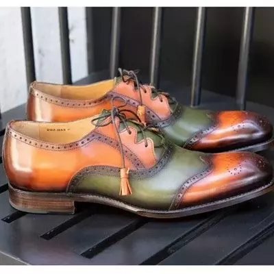 Handmade two tone tan and green spectator shoes, formal dress shoes, oxford shoe