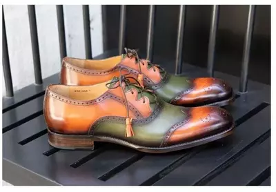Handmade Two Tone Tan and Green Spectator Shoes, Formal Dress Shoes, Oxford Shoe