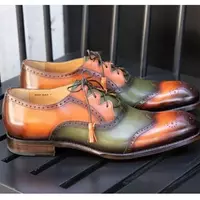 Handmade Two Tone Tan and Green Spectator Shoes, Formal Dress Shoes, Oxford Shoe - Thumbnail 1