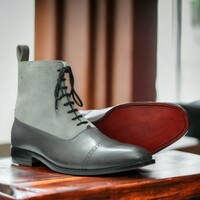 Handmade Men's Gray Leather and Suede Boot ,Lace Up Ankle High Boot  - Thumbnail 1