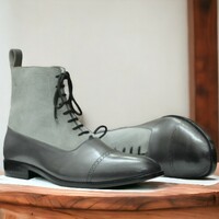 Handmade Men's Gray Leather and Suede Boot ,Lace Up Ankle High Boot  - Thumbnail 2