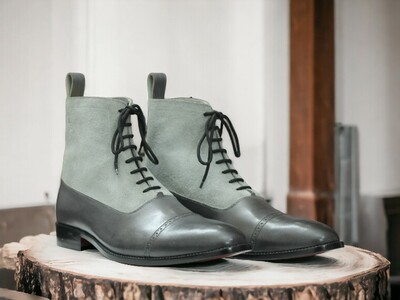 Handmade Men's Gray Leather and Suede Boot ,Lace Up Ankle High Boot 