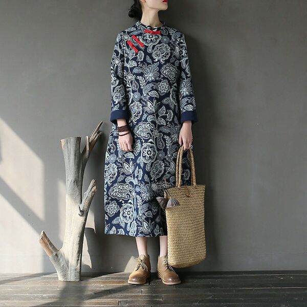 Loose Winter Dress, Linen and Cotton Dress, Blue floral, Chinese Frog Button, winter robe, winter long coat, women robe, women dress