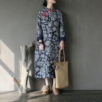 Loose Winter Dress, Linen and Cotton Dress, Blue floral, Chinese Frog Button, winter robe, winter long coat, women robe, women dress