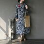 Loose Winter Dress, Linen and Cotton Dress, Blue floral, Chinese Frog Button, winter robe, winter long coat, women robe, women dress-1