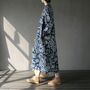 Loose Winter Dress, Linen and Cotton Dress, Blue floral, Chinese Frog Button, winter robe, winter long coat, women robe, women dress-3