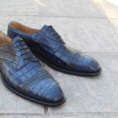 Crafted leather dress shoes men classic blue lace up crocodile/alligator oxford  - Thumbnail 3