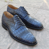 Crafted Leather Dress Shoes Men Classic Blue Lace up Crocodile/Alligator Oxford  - Thumbnail 3