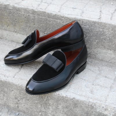 Crafted leather black calf and velvet contrast opera pumps loafers dress shoes - Thumbnail 5