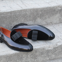 Crafted Leather Black Calf and Velvet Contrast Opera Pumps Loafers Dress Shoes - Thumbnail 1