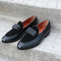 Crafted Leather Black Calf and Velvet Contrast Opera Pumps Loafers Dress Shoes - Thumbnail 2