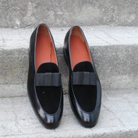 Crafted Leather Black Calf and Velvet Contrast Opera Pumps Loafers Dress Shoes - Thumbnail 5