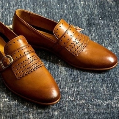 New handmade men's loafers, men's brown leather tassels monk strap casual loafers.