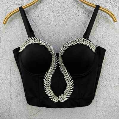 Crystal leaves corset cami luxury fitted crop tops fish boned bustier for club - Thumbnail 3