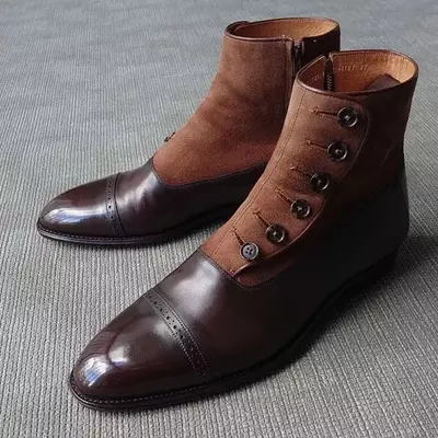 New handmade pure leather & suede button boots for men's
