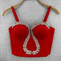 Crystal Leaves Corset Cami Luxury Fitted Crop Tops Fish Boned Bustier For Club - Thumbnail 2