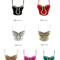 Crystal Leaves Corset Cami Luxury Fitted Crop Tops Fish Boned Bustier For Club - Thumbnail 6