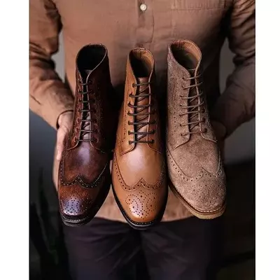 Handmade leather wingtip ankle boots for men's, dress formal boots for men,