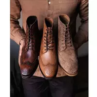 Handmade leather Wingtip Ankle Boots For Men's, Dress Formal Boots For Men, - Thumbnail 4