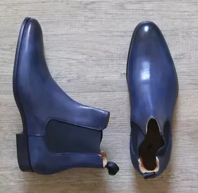 New Handmade Pure Blue Leather Chelsea Boots For Men's