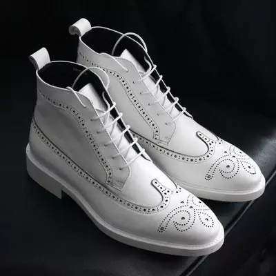 New new men handmade ankle high white leather lace up wing tip & brogue boots