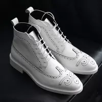 NEW New Men Handmade Ankle High White Leather Lace Up Wing Tip & Brogue Boots - Thumbnail 1