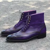 New Men's Handmade Leather Suede Purple Lace Up Wing Tip Brogue, Men's Boots - Thumbnail 1