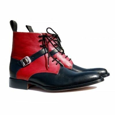 Handmade black burgundy monk lace up leather boot