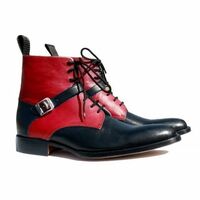 Handmade Black Burgundy Monk Lace Up Leather Boot - Thumbnail 4