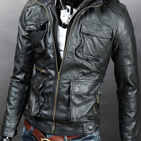 MEN'S HANDMADE DETACHABLE FABRIC HOODED LEATHER JACKET - Thumbnail 1