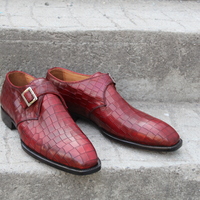 Crafted Leather Classic Red Crocodile Leather Monk Strap Alligator Dress Shoes - Thumbnail 2