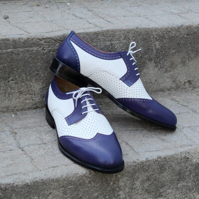 Crafted leather handmade purple white leather wingtip oxford lace up dress shoes - Thumbnail 4