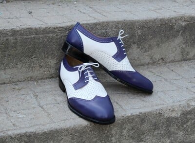 Crafted Leather Handmade Purple White Leather Wingtip Oxford Lace up Dress Shoes