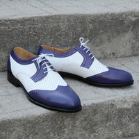 Crafted Leather Handmade Purple White Leather Wingtip Oxford Lace up Dress Shoes - Thumbnail 1