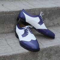 Crafted Leather Handmade Purple White Leather Wingtip Oxford Lace up Dress Shoes - Thumbnail 3
