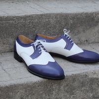 Crafted Leather Handmade Purple White Leather Wingtip Oxford Lace up Dress Shoes - Thumbnail 5