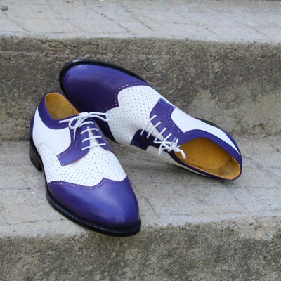 Crafted leather blue white leather wingtip oxford lace up dress shoes - Thumbnail 5