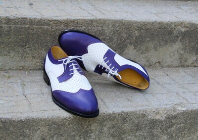 Crafted Leather Blue White Leather Wingtip Oxford Lace up Dress Shoes