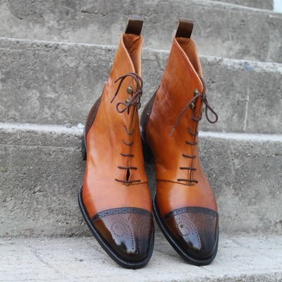 Crafted leather handmade dress shoes tan dark brown leather ankle high lace up boot - Thumbnail 3